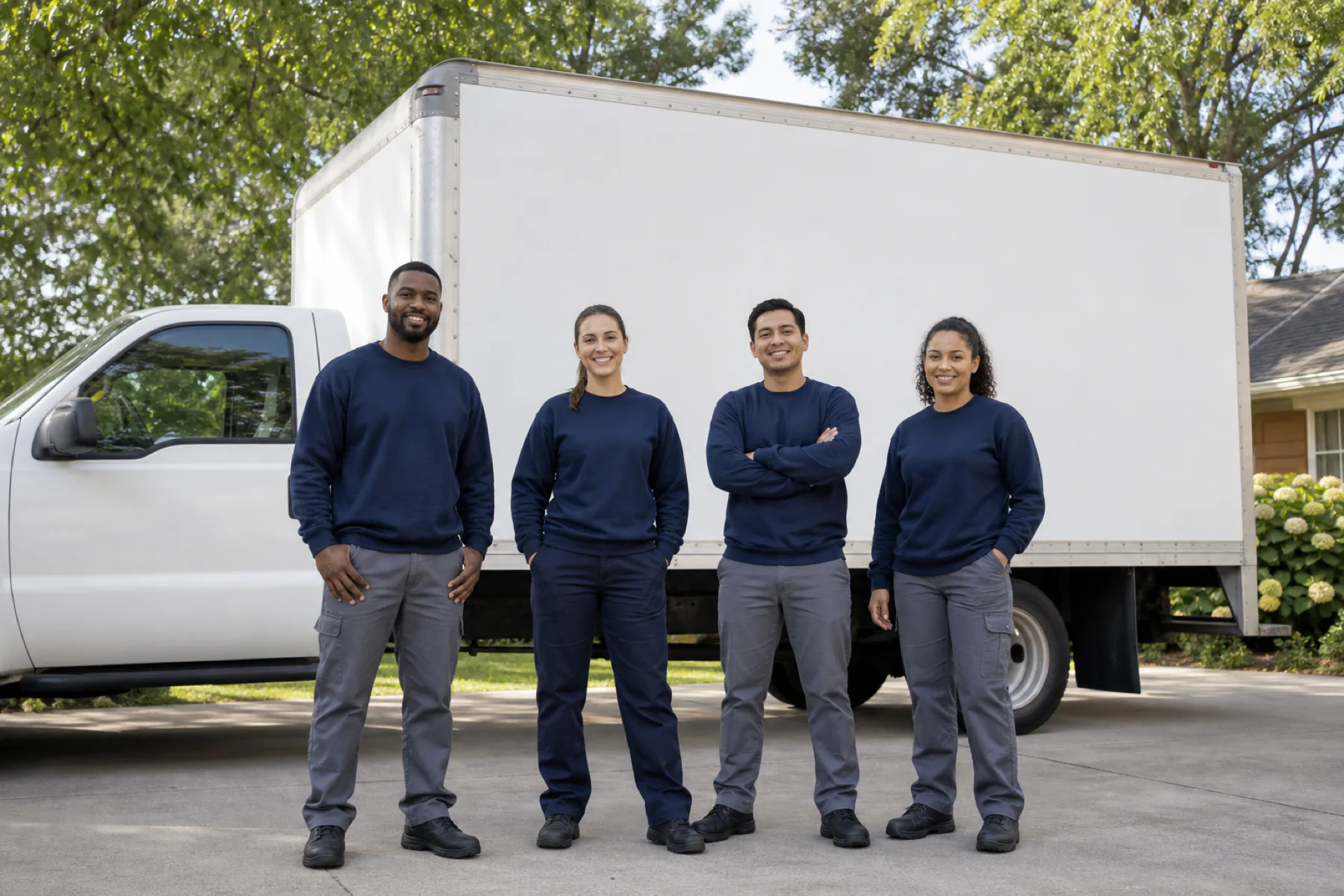 Four fictional moving professionals beside an unbranded white box truck