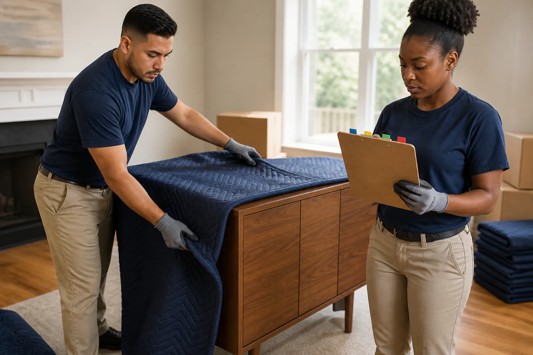 A moving crew padding furniture and documenting the items in a home