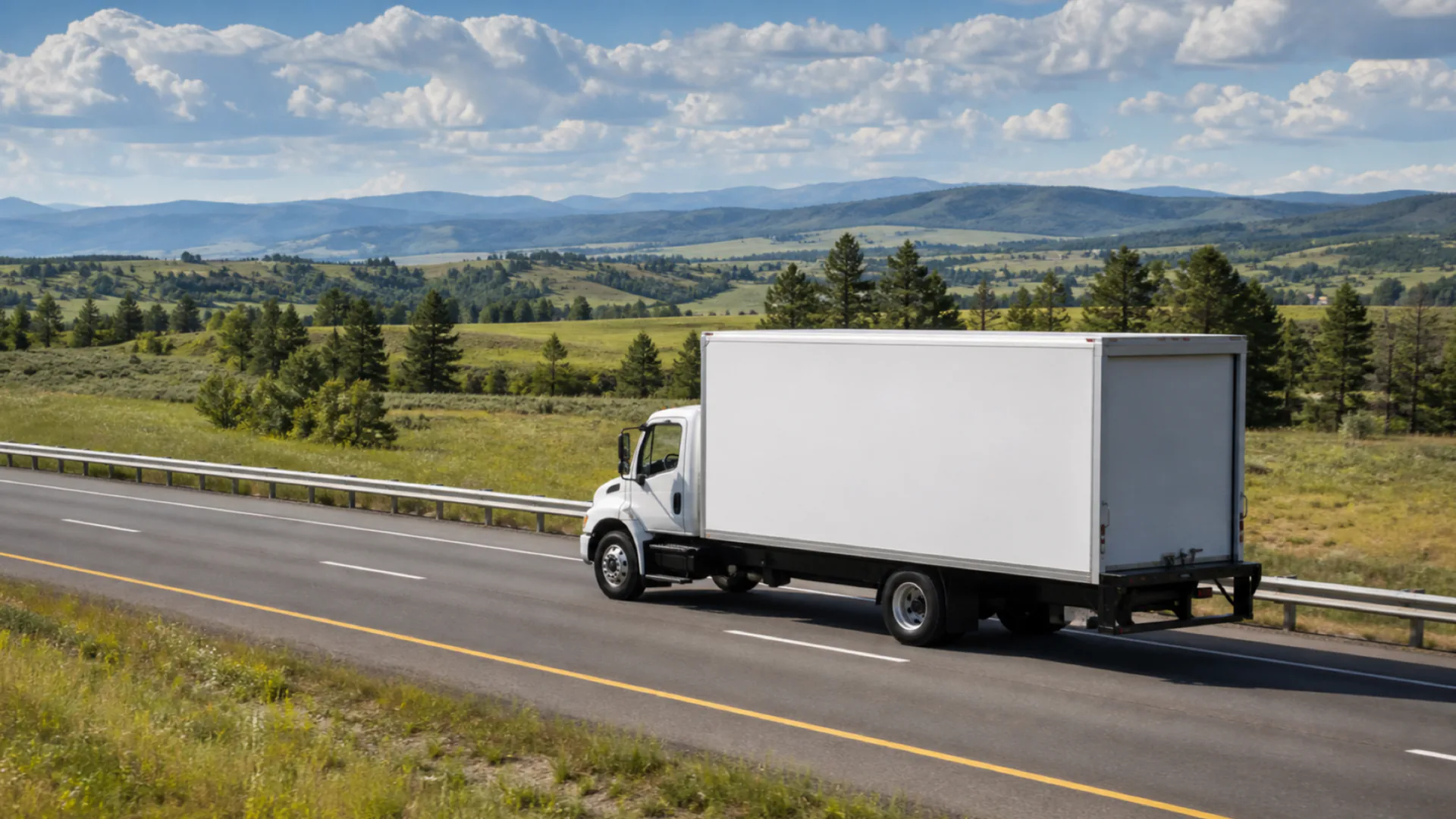 An unbranded white box truck traveling along an open highway through the American landscape