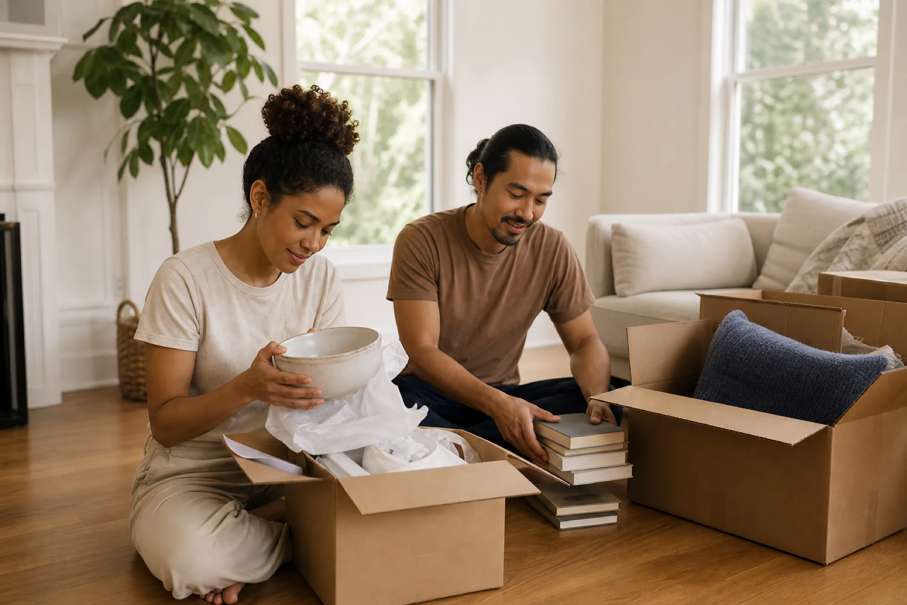 A fictional couple unpacking boxes in a bright new living room