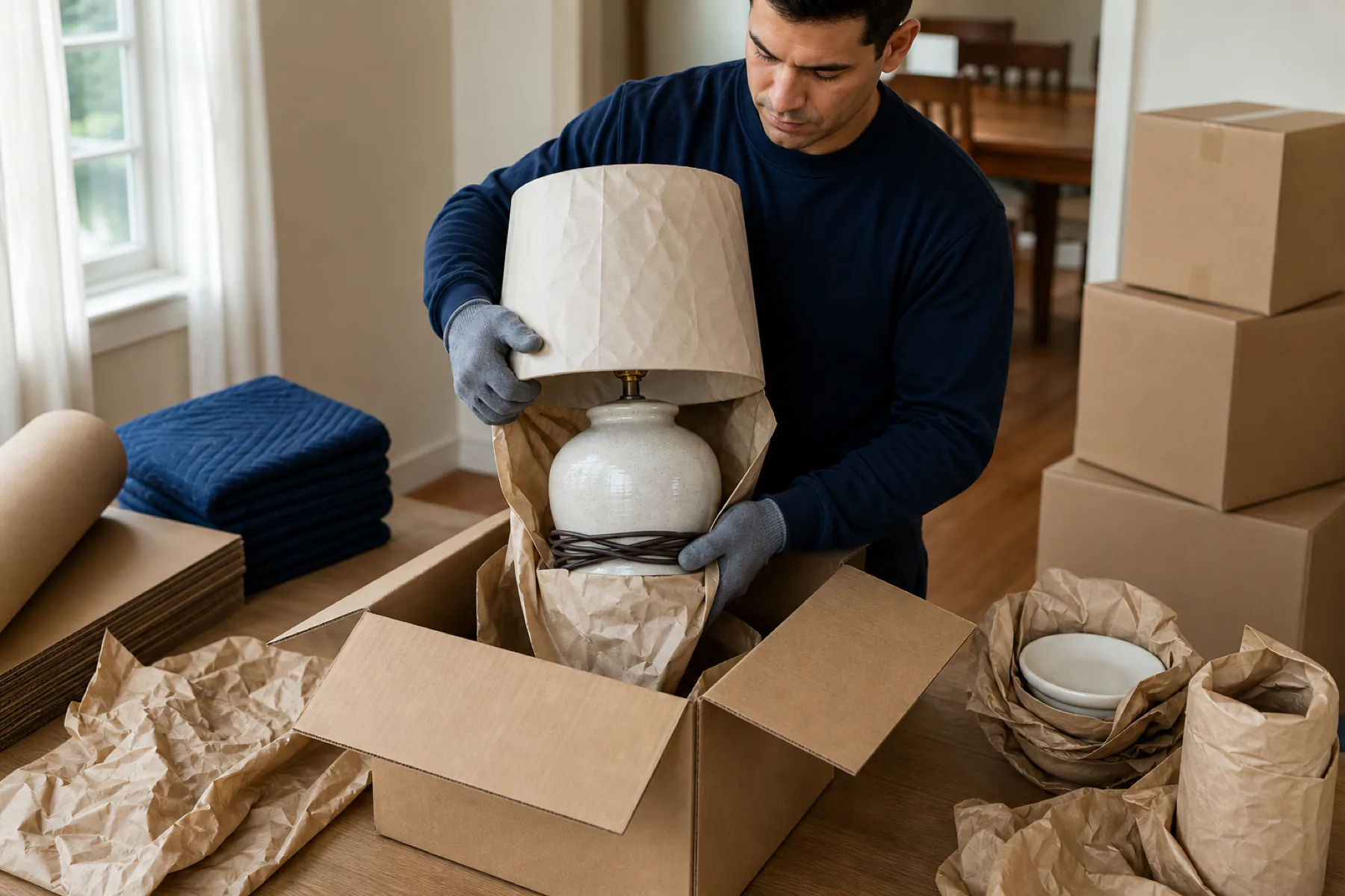 A fictional mover wrapping a table lamp beside neatly packed household items